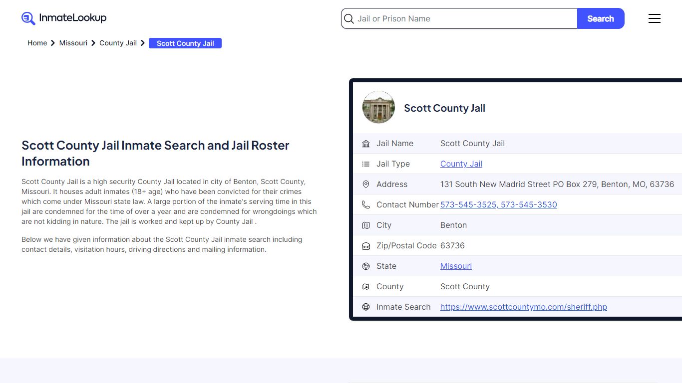 Scott County Jail Inmate Search - Benton Missouri - Inmate Lookup